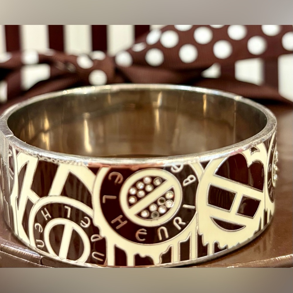 HENRI BENDEL Cream and Brown Enamel Logo Bangle Cuff w/Gold Accents & Crystals - Picture 16 of 16